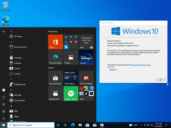 Windows 10 Pro 21H2 19044.1415 x64 En-US Preactivated December 2021